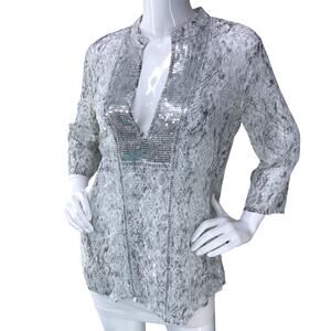 Chicos Womens Size 0 US 4 Top Snake Animal Print Deep V Neck Sequin Grey